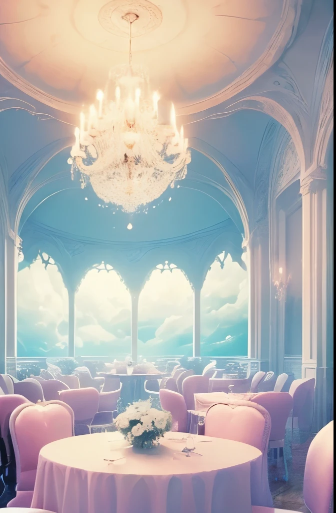 there is a cloud filled room with tables and chairs, ethereal and dreamy theme, dreamy atmosphere and drama, very magical and dreamy, cafe in the clouds, smoke filled room, dreamy ethereal vibe, in the white clouds fairyland, cotton candy clouds, sitting in a fluffy cloud, heaven pink, fancy clouds, beautiful cloudy atmosphere, light pink clouds, dreamy and ethereal