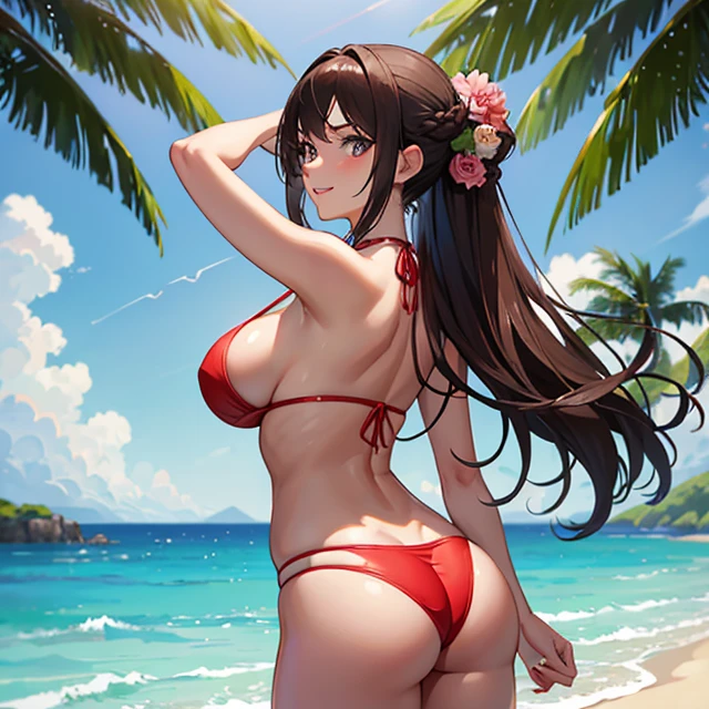 (masterpiece image, very detailed image, best high quality high definition image), solo character, back view, shaking her booty
High very detailed Quality image
1girl, 28 years old latina girl, dark brown skin, blue grey eyes, smiling, carefree demeanor, absolute feminine beauty, long dark brown hair tied on braid, pink flower at left side of the hair, thin pale mouth lips, big breasts, beautiful arms, beautiful legs, (red bikini)
Outside park