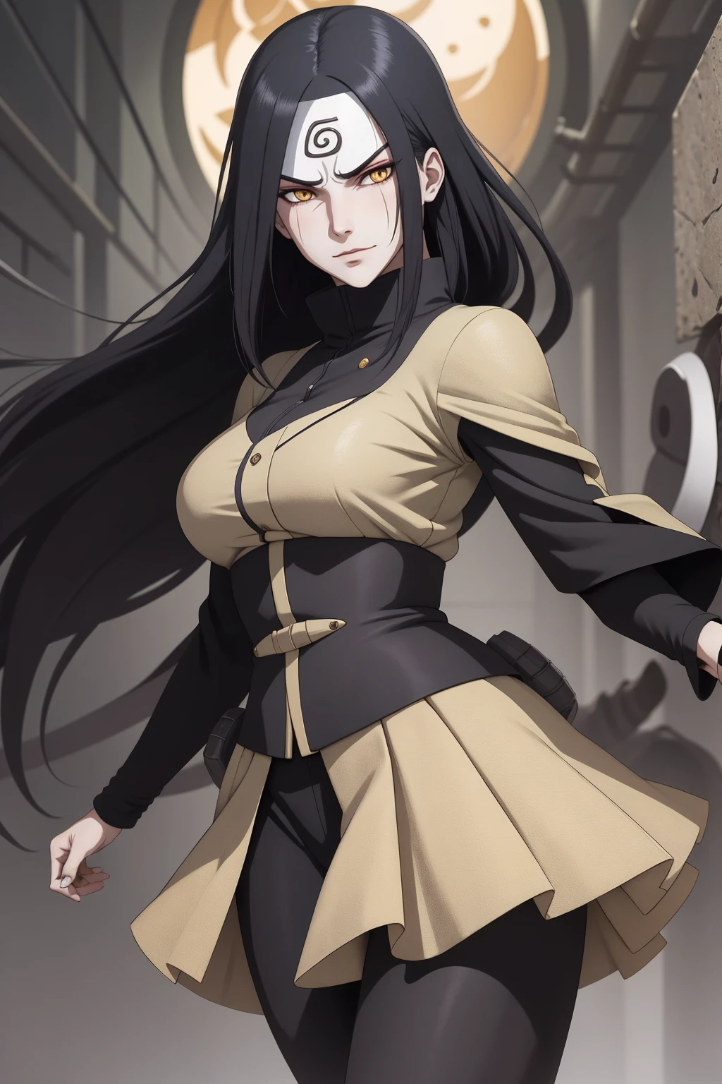 {-erro_de_anatomia:1.0} estilo anime, Masterpiece, absurdities, Orochimaru\(Naruto\), 1girl Solo, Mature woman, Oversized shirt with broad shoulders, Perfect composition, Detailed lips, large breasts, Beautiful face, body proportion, Blush, Long black hair, ( black hair), yellow eyes, (sexy), Soft gauze, Super realistic, Detailed, photo shoot, Realistic faces and bodies, masterpiece, best quality, best illustration, hyper detailed, 1 girl, solo, glamorous, blushing, whole body, angry face, on attack, dimanic poses
