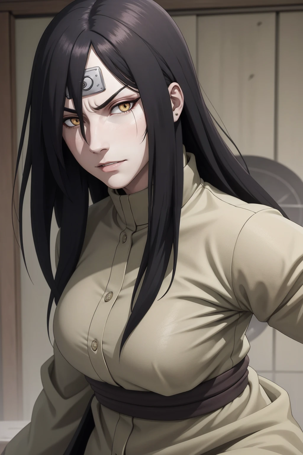 {-erro_de_anatomia:1.0} estilo anime, Masterpiece, absurdities, Orochimaru\(Naruto\), 1girl Solo, Mature woman, Oversized shirt with broad shoulders, Perfect composition, Detailed lips, large breasts, Beautiful face, body proportion, Blush, Long black hair, ( black hair), yellow eyes, (sexy), Soft gauze, Super realistic, Detailed, photo shoot, Realistic faces and bodies, masterpiece, best quality, best illustration, hyper detailed, 1 girl, solo, glamorous, blushing, whole body, angry face, on attack, dimanic poses