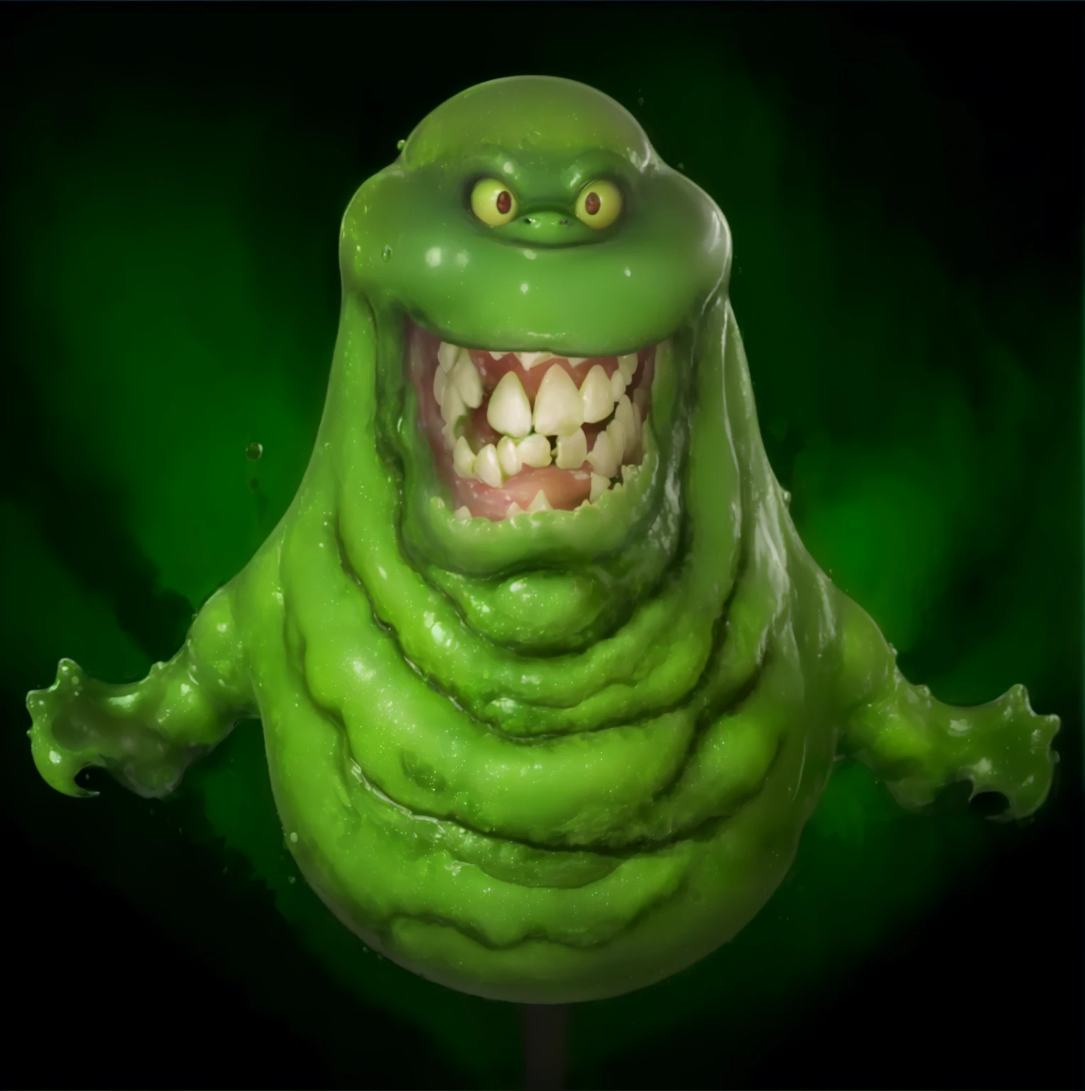 a close up of a green creature with a big smile on its face, thinner, gelatinous texture,ghostbusters character, slime monster,