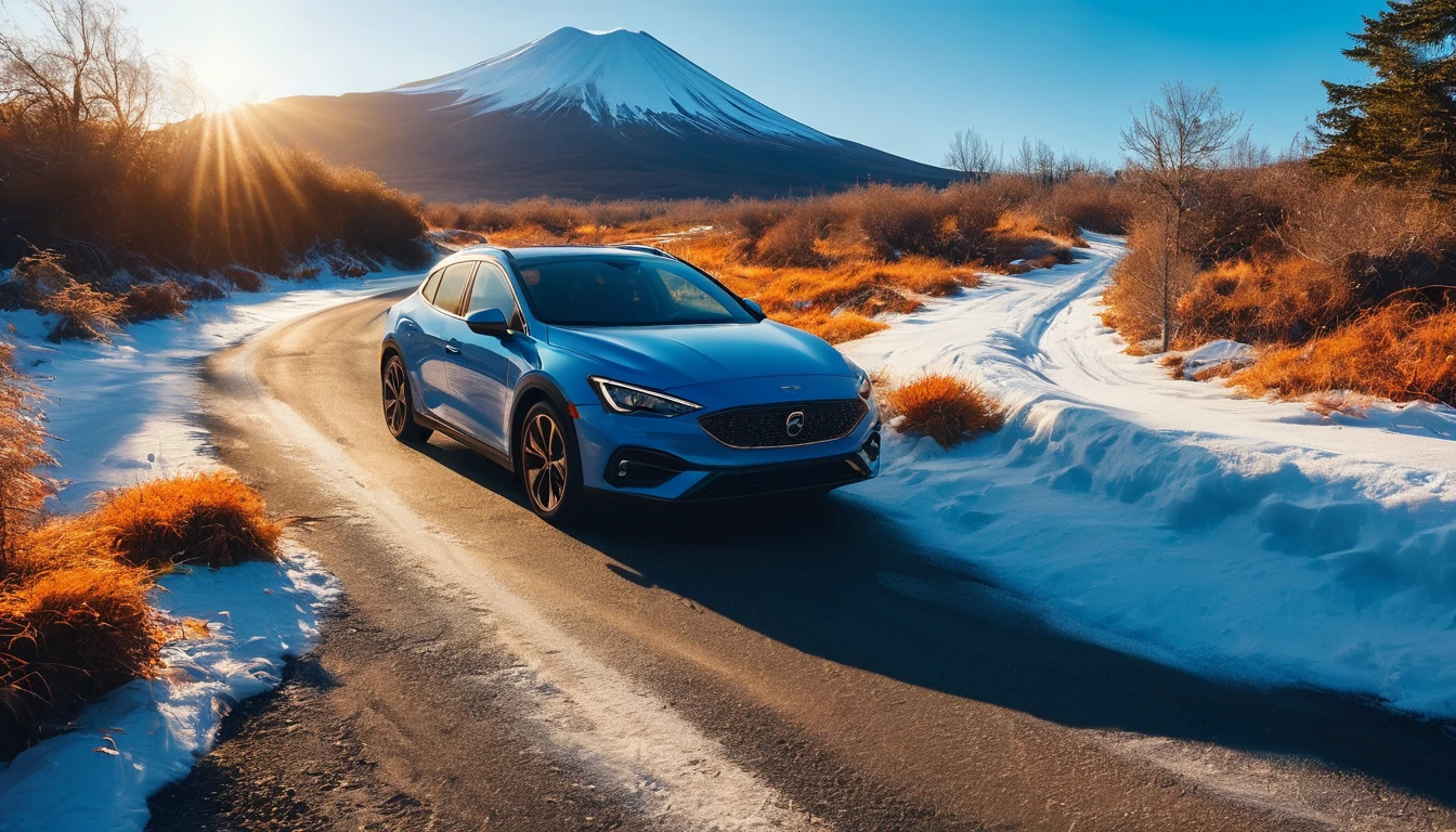 A vibrant orange car is moving on a deserted winding road, surrounded by dry vegetation and tall grasses. The scenery is dominated by a majestic snow-covered volcano in the background., towering imposingly against a clear blue sky. on the right, a dark blue lake adds a serene contrast to the panorama. Bright sunlight illuminates the scene, highlighting the color of the car and the shadows cast on the road. The feeling is of freedom and adventure, with the vehicle exploring a vast and stunning natural landscape.hyper realistic composition,32k resolution,cinematic composition,cinematic color grading.photography whit Phaseone 85mm,depth of field