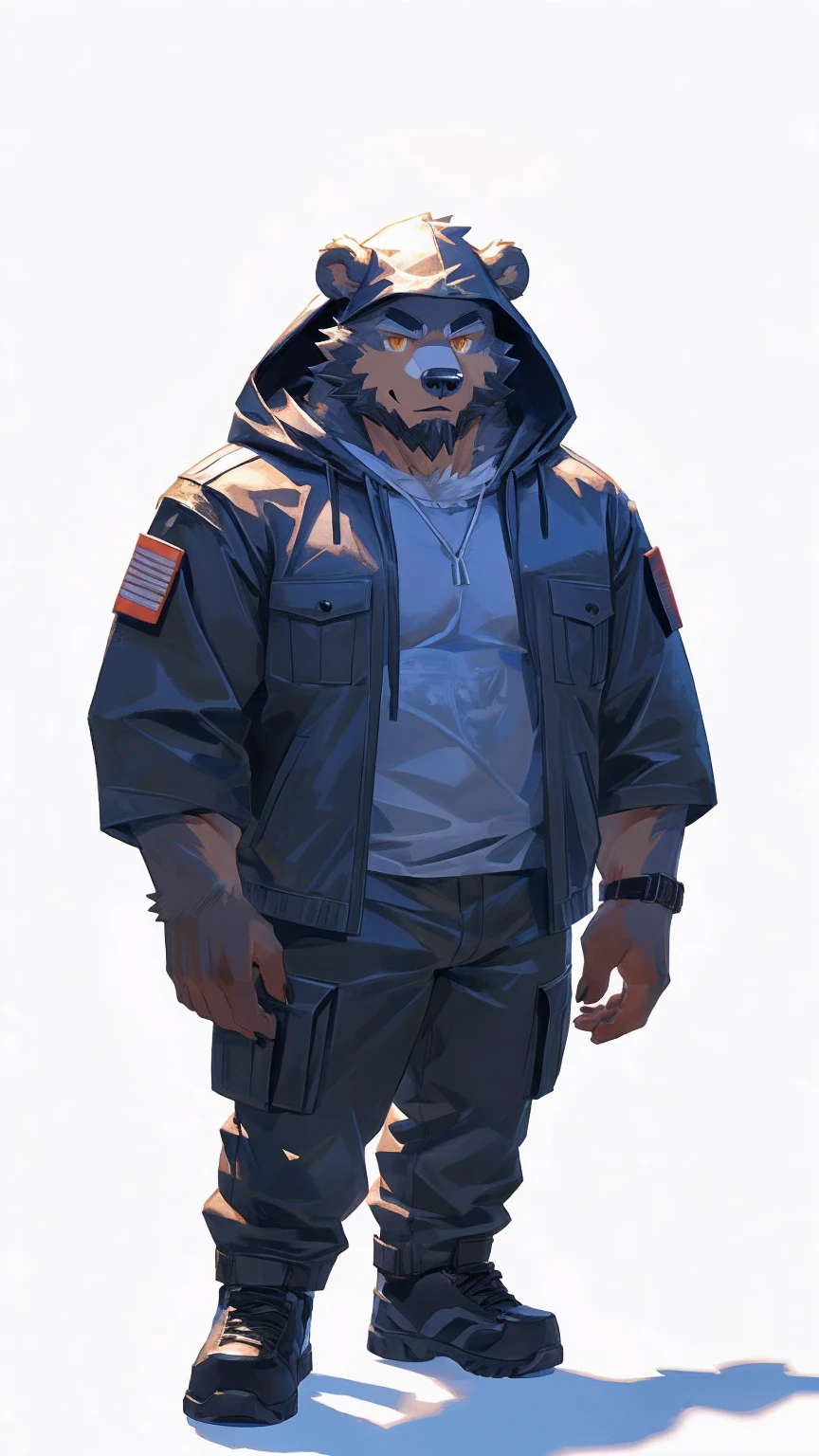 (masterpiece:1.2), best quality,pixiv,official art,perfect anatomy, (Ray tracing, light),solo, (1_male:1.3) , (muscle), (grey fur:1.4), (muscle bear), (beard:1.2), (gleaming golden eyes), bear tail, full body, Thick black eyebrows,(open hooded parka), (shirt inside), jeans, (cargo pants:1.2), black shoes, (pure white background: 1.3)