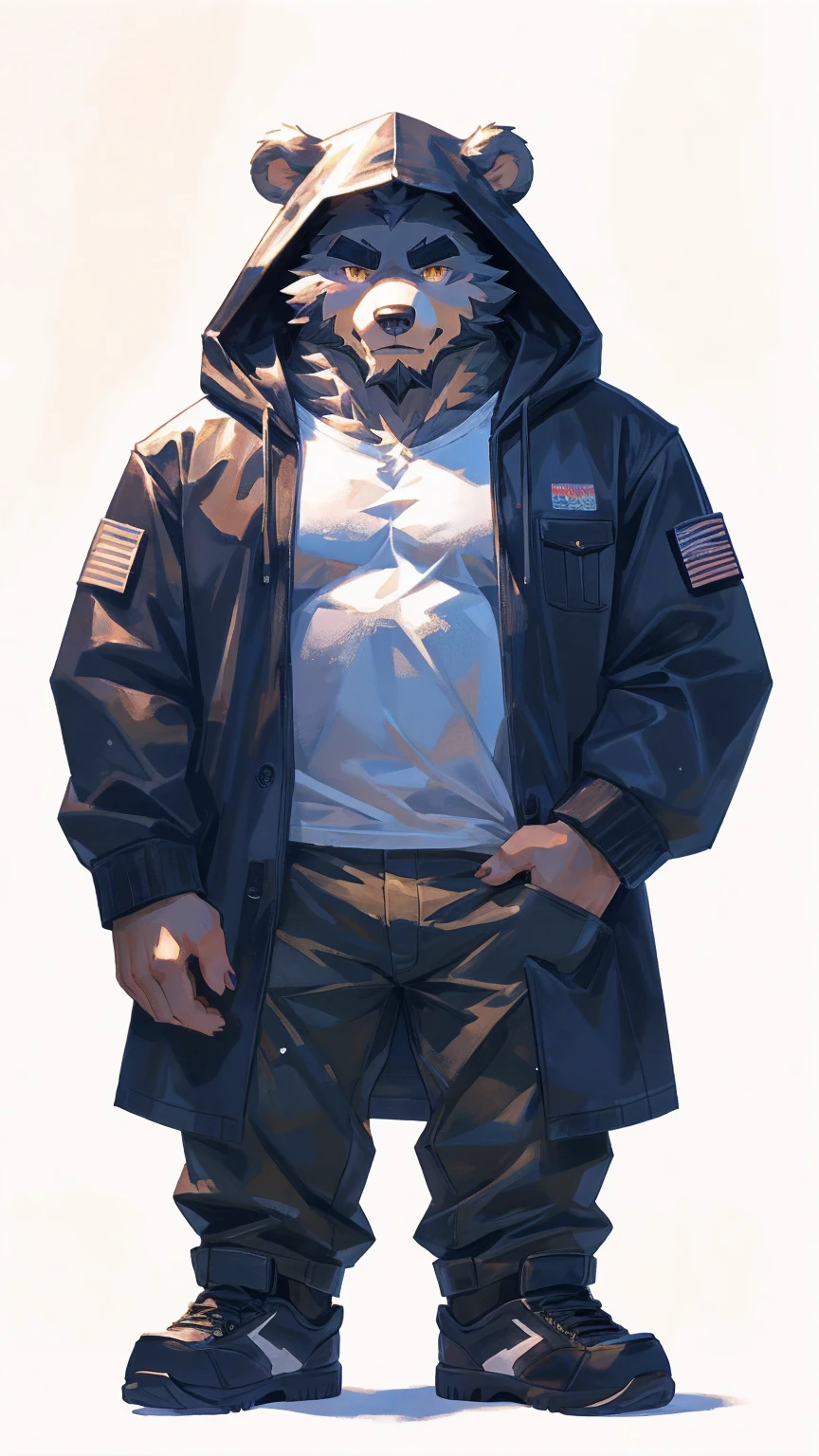 (masterpiece:1.2), best quality,pixiv,official art,perfect anatomy, (Ray tracing, light),solo, (1_male:1.3) , (muscle), (grey fur:1.4), (muscle bear), (beard:1.2), (gleaming golden eyes), bear tail, full body, Thick black eyebrows,(open hooded parka), (shirt inside), jeans, (cargo pants:1.2), black shoes, (pure white background: 1.3)