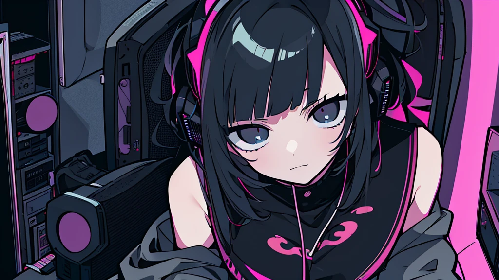 Best quality, (masterpiece:1.2), best detail face, 1 girl, big breasts, 18 yo, 8k,absurdres,unity 8k wall paper,(extremely detailed:1.3), highest realistic, (simple headphones:1.1), (soft neon light:1.1), (floating hair:1.2), (psychedelic:1.2), Her room full of music equipment and plants, Leaning back on the chair with a casual attitude, Light clothing in summer, dark grey color palette, black hair
