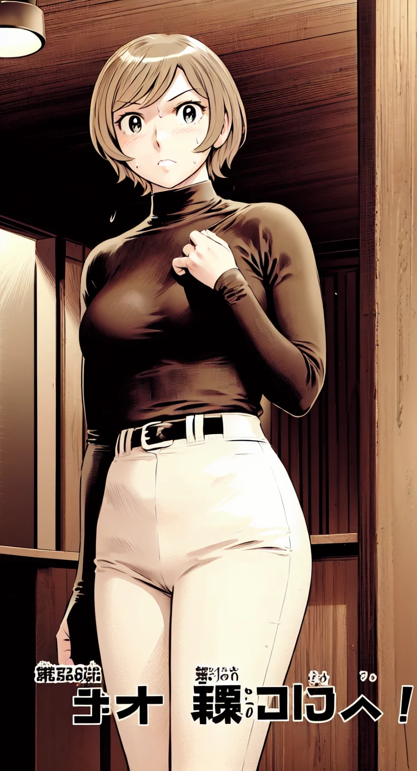 (野球uniform:1.2),
Blonde Hair, (short hair:1.2),Long sleeve, Black Shirt, turtleneck,White trousers、uniform、Black belt、((Illustration of people))、Big 、
View Audience,, (Highest quality:1.3),One Girl, White pants、uniform、Outdoor、baseball ground、ground、soil、blue eyes、Tight black shirt、(masterpiece、Highest quality)、Highest quality, Ultra-high resolution, (((masterpiece))), alone, Sweat、Big eyes、Big Breasts、One Girl, Front view、Embarrassed face、Bronze colored hair、((short hair))、Stand up straight、Cowboy Shot