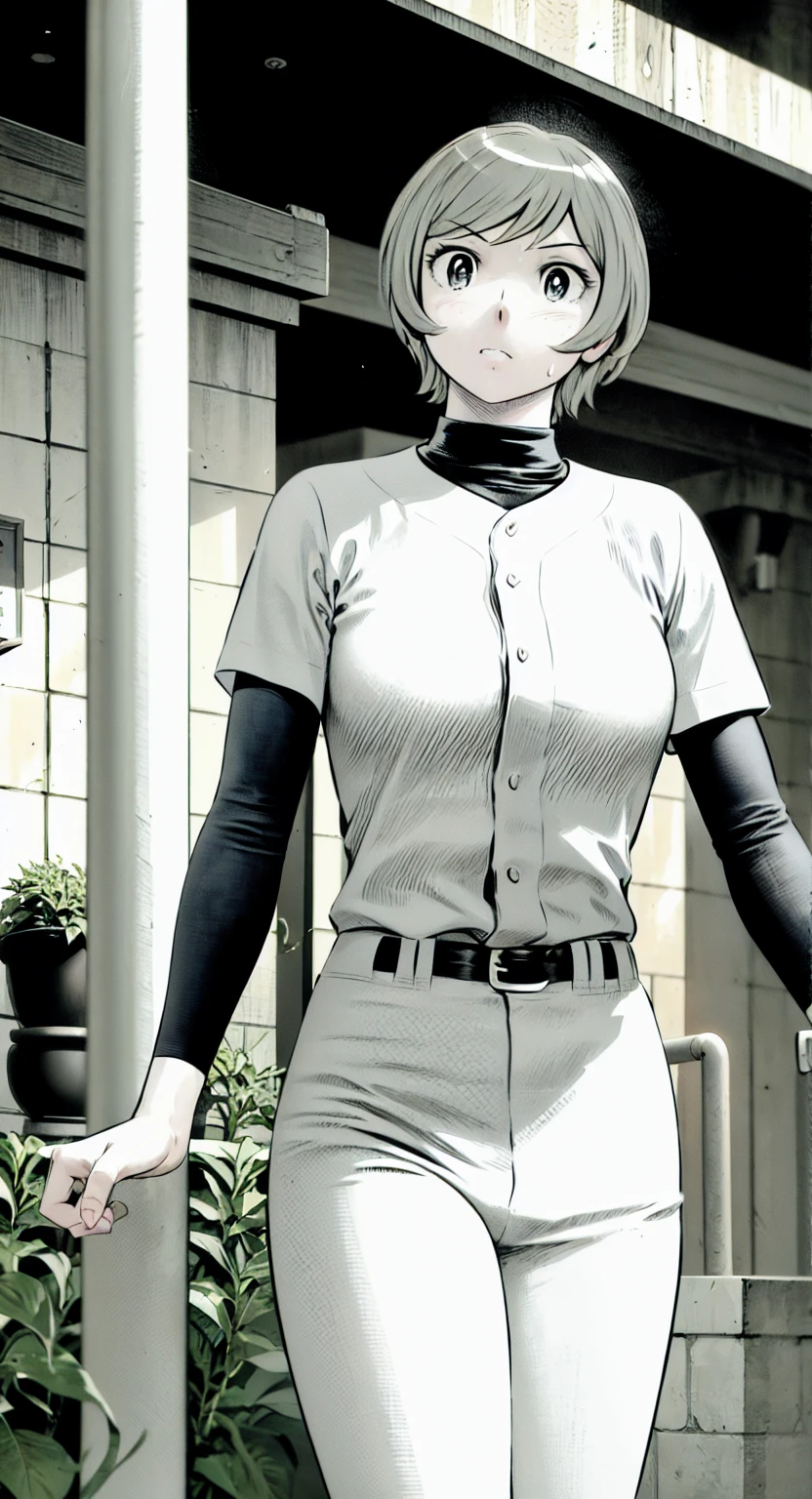 (野球uniform:1.2),
Blonde Hair, (short hair:1.2),Long sleeve, Black Shirt, turtleneck,White trousers、uniform、Black belt、((Illustration of people))、Big 、
View Audience,, (Highest quality:1.3),One Girl, White pants、uniform、Outdoor、baseball ground、ground、soil、blue eyes、Tight black shirt、(masterpiece、Highest quality)、Highest quality, Ultra-high resolution, (((masterpiece))), alone, Sweat、Big eyes、Big Breasts、One Girl, Front view、Embarrassed face、Bronze colored hair、((short hair))、Stand up straight、Cowboy Shot
