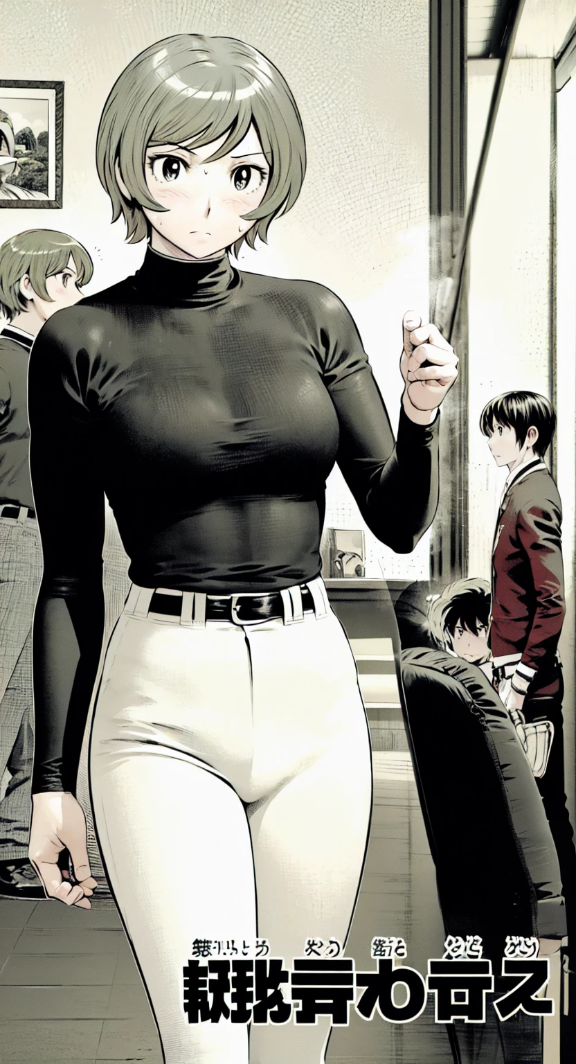 (野球uniform:1.2),
Blonde Hair, (short hair:1.2),Long sleeve, Black Shirt, turtleneck,White trousers、uniform、Black belt、((Illustration of people))、Big 、
View Audience,, (Highest quality:1.3),One Girl, White pants、uniform、Outdoor、baseball ground、ground、soil、blue eyes、Tight black shirt、(masterpiece、Highest quality)、Highest quality, Ultra-high resolution, (((masterpiece))), alone, Sweat、Big eyes、Big Breasts、One Girl, Front view、Embarrassed face、Bronze colored hair、((short hair))、Stand up straight、Cowboy Shot