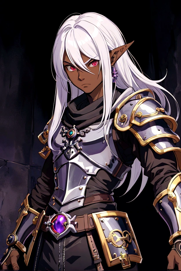 masterpiece, best quality, ultra high res, 1boy, (mix between dungeonpunk and steampunk armor), (wearing armor)fantasy illustration, dark skinned, human, upper body, portrait, red eyes, long white hair, Xemnas from Kingdom Hearts, half-drow, pointy ears, serious face, young man, dramatic lighting, purple hue, art by Kinema Citrus and Tetsuya Nomura