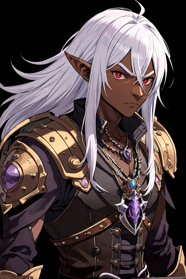 masterpiece, best quality, ultra high res, 1boy, (mix between dungeonpunk and steampunk armor), (wearing armor)fantasy illustration, dark skinned, human, upper body, portrait, red eyes, long white hair, Xemnas from Kingdom Hearts, half-drow, pointy ears, serious face, young man, dramatic lighting, purple hue, art by Kinema Citrus and Tetsuya Nomura