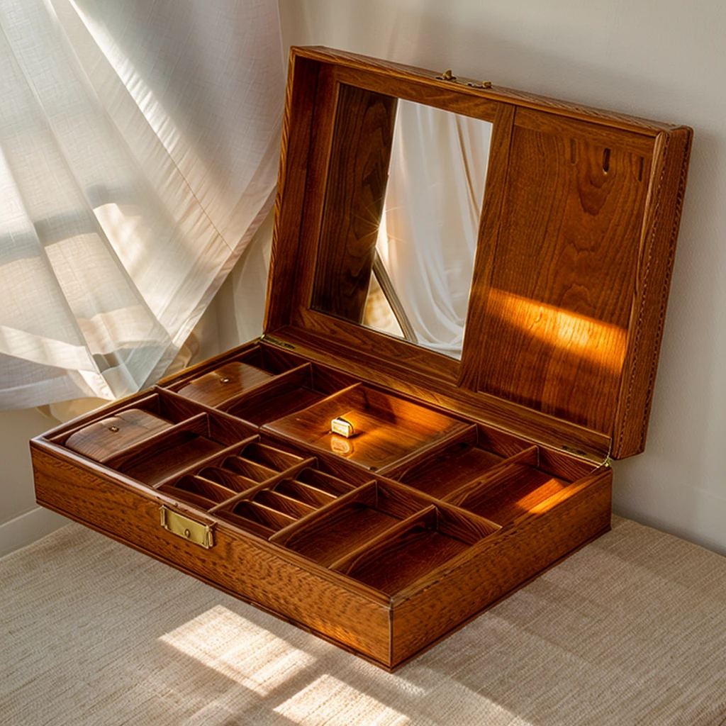 In this cozy room，A ray of sunlight shone through the half-drawn curtains on the table，Let the wood grain on the watch storage box shine with a faint luster。There was a calm and peaceful atmosphere in the air around them。There are several still lifes hanging on the walls of the room，It adds a touch of elegance to the space。And on the other side of the room，The half-open window lets in the breeze，The pages on the small desk by the window turned in the wind，This quiet scene gives a sense of tranquility and comfort。


