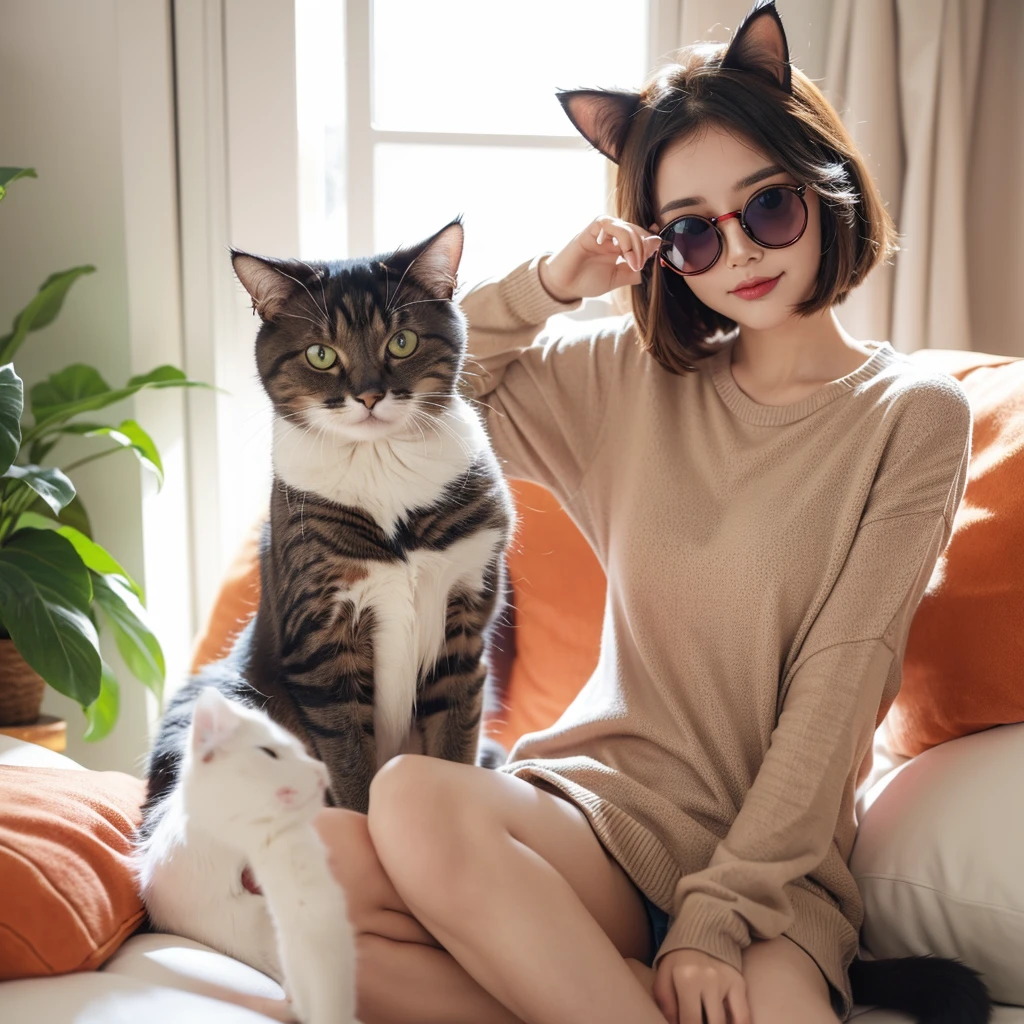 cat wearing round colored glasses, cute cat, funny pose, colorfull, only cat (no human)