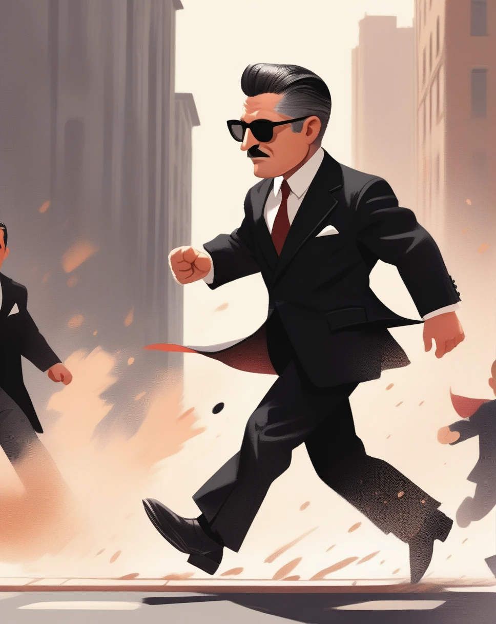 children's picture books, crayon paintings, blush, mafia boss in black expensive suite running, side view, full body