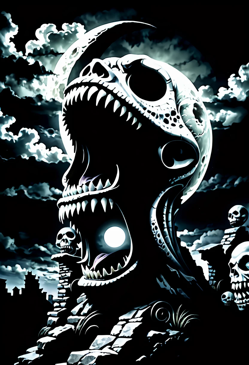  horror,  Tim burton style ,image  of (mimic),(sharp teeth, long tongue:1.5), in stone ruin with skulls at night, night sky, eerie, moody  moon lighting,  ominous clouds swirling unnaturally, eldritch, cosmic horror, unknown, mysterious, surreal, highly detailed