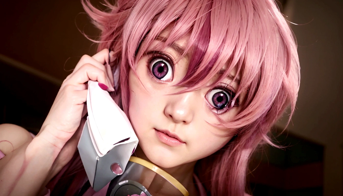 Anime girl with pink hair talking on cell phone., closeup of a young anime girl, Mirai Nikki, pink eyes normales hiperrealistas, Gasai Yuno, hyperrealistic anime, macros frontier, waifu, Cara de ahegao,  kasuma, anime movie screenshot, macros,  Hyper eyes, animated cgi, pink eyes