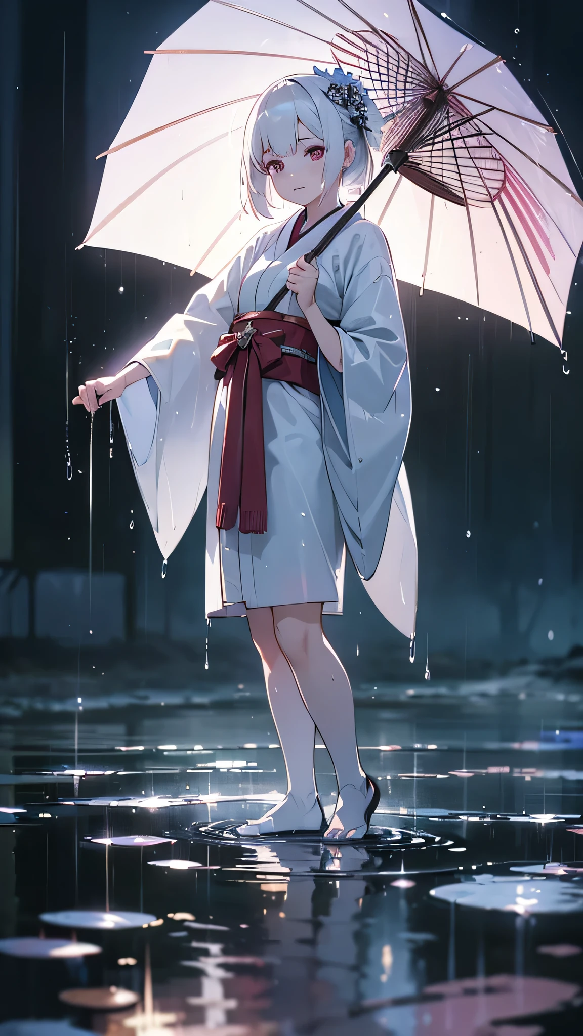 1girl, white hair, traditional japanese clothing, sad expression, rain, wet clothes, full body, puddles, reflections in puddles, moody, atmospheric, fantasy, (best quality,4k,8k,highres,masterpiece:1.2),ultra-detailed,(realistic,photorealistic,photo-realistic:1.37),HDR,UHD,studio lighting,ultra-fine painting,sharp focus,physically-based rendering,extreme detail description,professional,vivid colors,bokeh