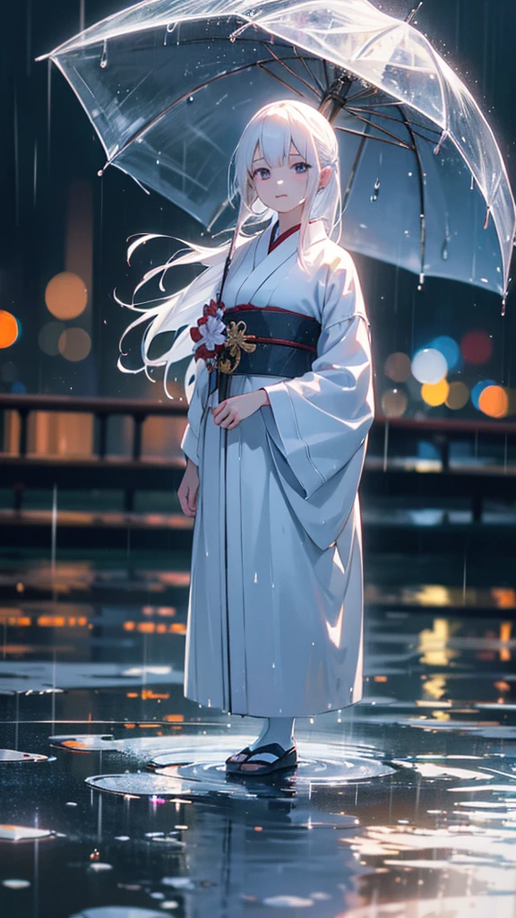 1girl, white hair, traditional japanese clothing, sad expression, rain, wet clothes, full body, puddles, reflections in puddles, moody, atmospheric, fantasy, (best quality,4k,8k,highres,masterpiece:1.2),ultra-detailed,(realistic,photorealistic,photo-realistic:1.37),HDR,UHD,studio lighting,ultra-fine painting,sharp focus,physically-based rendering,extreme detail description,professional,vivid colors,bokeh