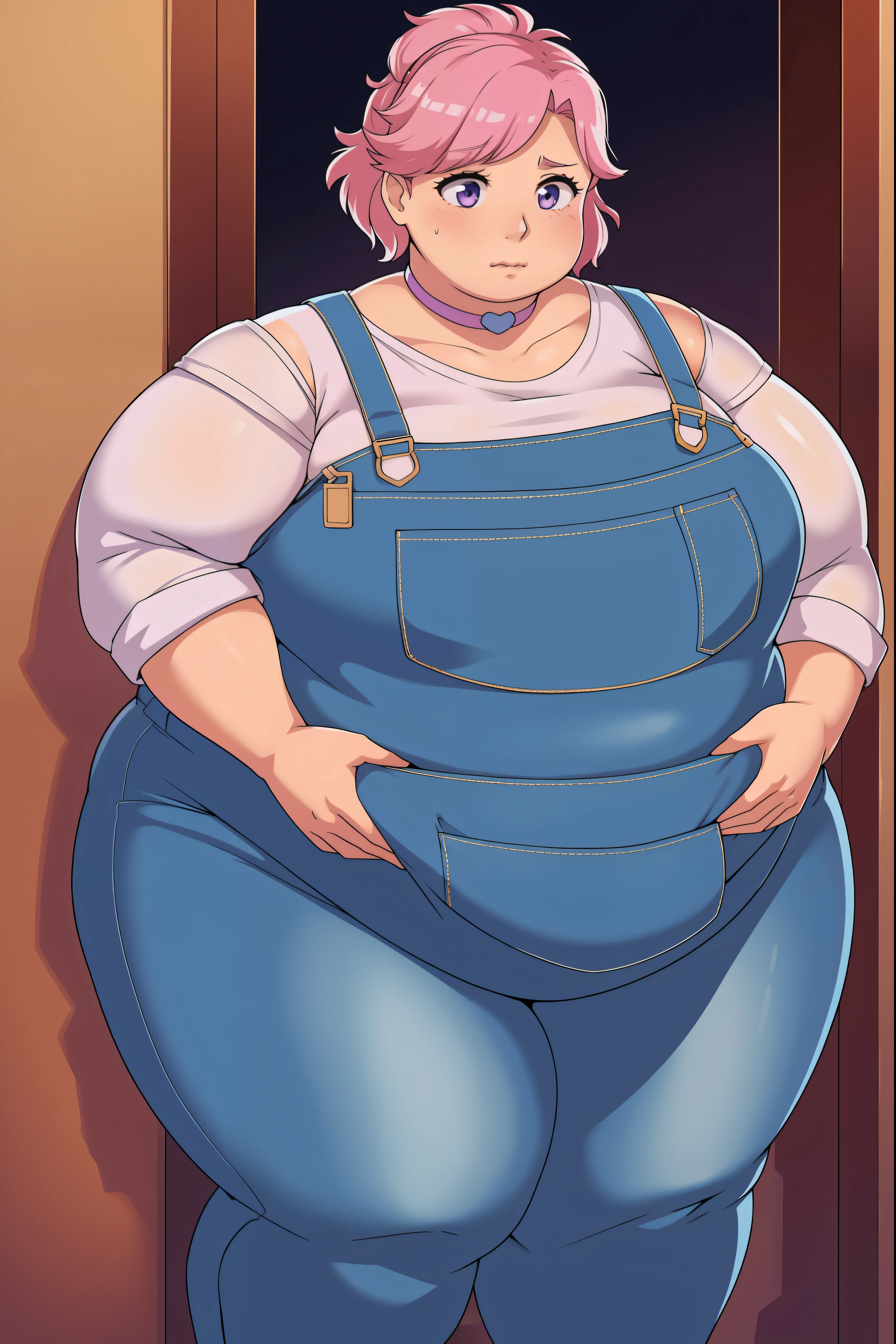 (Pink lipstick:1.0)(Pale skin:1.0)Up close, Holding belly, hands on belly, outgrown clothes, (Sad:1.1), (Sad face:1.1)Pale skin,fat, sad, farm backround, upper body, looking at viewer, 1girl, solo, short pink hair, (dark blue choker), (dark blue denim overalls), (purple eyes), (pink boots), (white shoulder lantern sleeve blouse, tucked in pants, Round face, double chin, fat chin, fat cheeks, fat neck, round face, SSBBW, flabby arms, round face, double chin, fat double chin, big double chin, fat neck, chubby cheeks, fat thighs, fat calves, morbidly obese, flabby , giant , large belly, obese, fat face, belly, double chin, obesity, flabby ???????, fat arms and legs, fat everything,