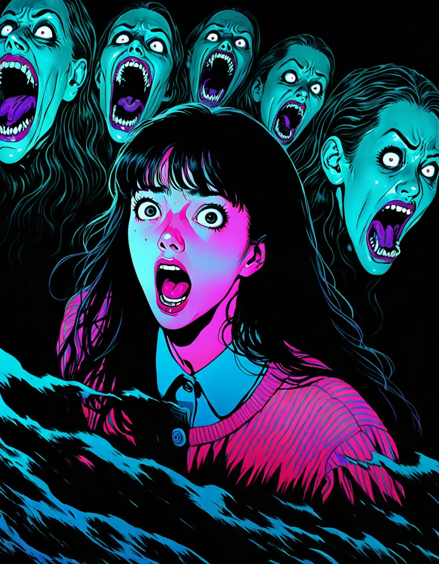 illust、art、from 80s horror movie, directed by Junji Ito、darkness、Screaming Woman、Overaction、Overreaction、Acting frightened、high detail, realsitic shadow、Analog style, vhs style, 8mm film, chromatic aberration, Dvd screengrab