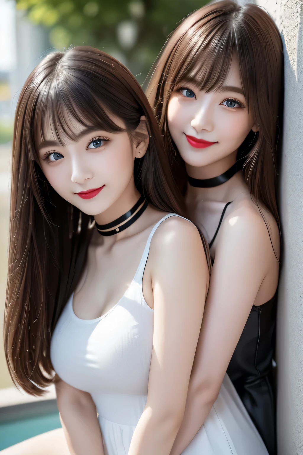 (Highest quality, 8K, Tabletop, Ultra HD: 1.3),Japanese、Identical twin sisters who are indistinguishable from one another、White nude top leaning against wall, 20-year-old、Bans、smile, Black choker, Blue Eyes, Red lipstick, Very long eyelashes, Big breasts family, noble, bangs, Straight long hair with brown hair