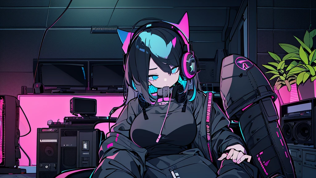 Best quality, (masterpiece:1.2), best detail face, 1 girl, big breasts, 18 yo, 8k,absurdres,unity 8k wall paper,(extremely detailed:1.3), highest realistic, (simple headphones:1.1), (soft neon light:1.1), (floating hair:1.2), (psychedelic:1.2), Her room full of music equipment and plants, Leaning back on the chair with a casual attitude, Light clothing in summer, dark grey color palette, black hair