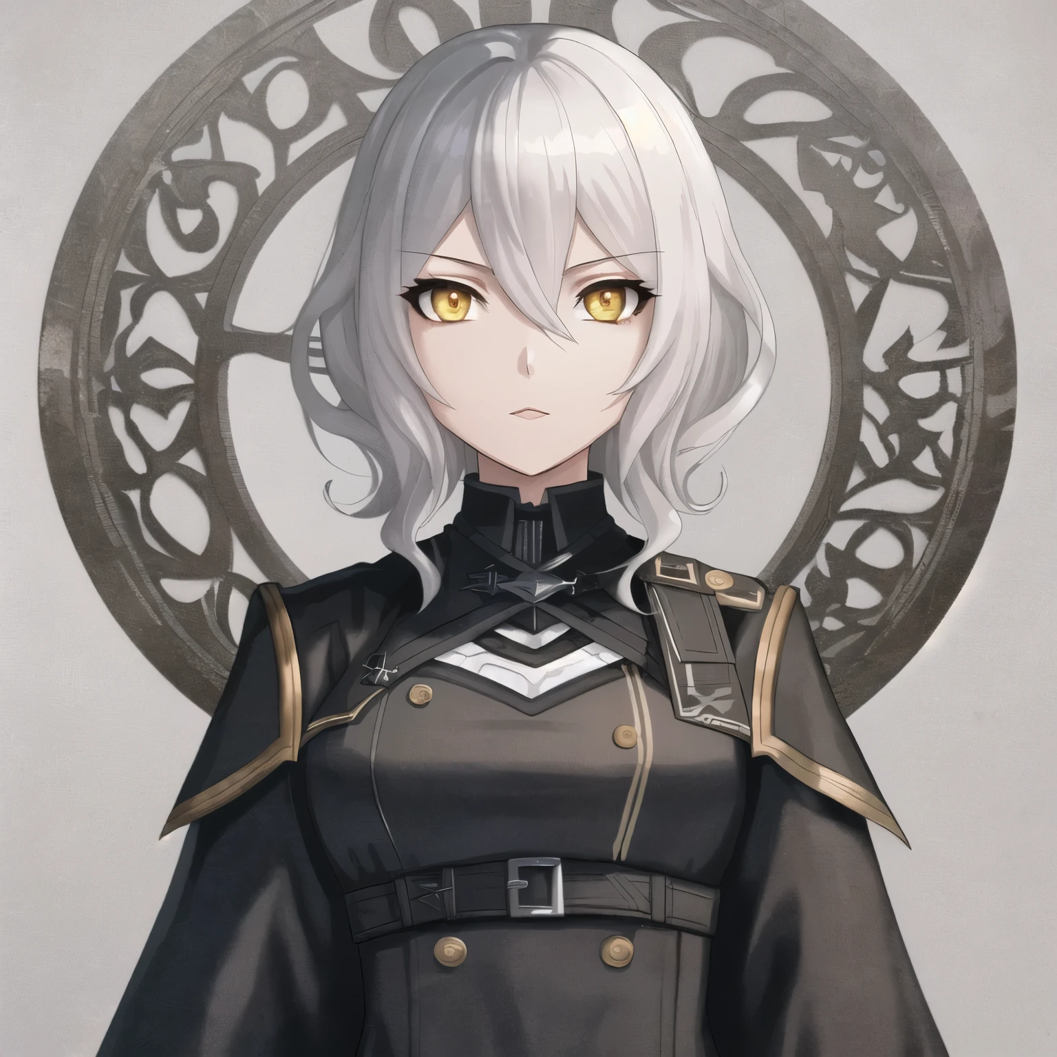 (high-quality, breathtaking),(expressive eyes, perfect face) 1girl, female , solo, portrait, Symmetrical Eyes, white hair color, yellow eye color, short hair length, curly wavy hair, Code Vein, Code Vein game character, Code Vein Clothing, Code Vein revenant, God Eater inspired clothing, shirt, cloak, grey background, modern fantasy clothing,
