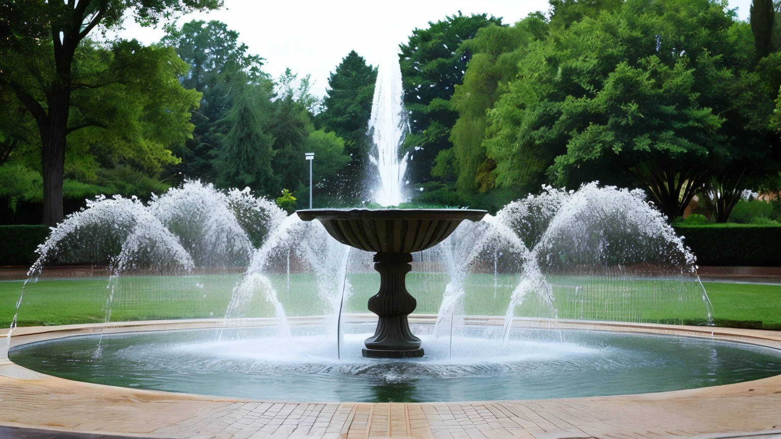 Central Fountain: Water is spurting high, forming a beautiful water shape in the center. The splashing water is clearly captured and fine droplets of water are scattered all around. The stillness of this moment gives the image a sense of movement and vitality.
Background: The background is blurred, allowing the fountain to stand out. The greenery in the background evokes a natural landscape and creates a peaceful atmosphere.
Water color and transparency: The water is clear and sparkles in the sunlight. The transparency of the water droplets and their reflections are very attractive and refreshing.
Composition: The fountain is centered in the image, creating symmetry and balance in the composition. The water rising from the bottom of the fountain at the bottom and spreading naturally at the top is beautifully captured.
Color Correction: The colors can be adjusted to enhance the clarity of the water and the green of the background. In particular, you may want to adjust the brightness and contrast to make the water droplets shine more brightly.
Background Blurring: The background blurring can be emphasized to bring more focus to the fountain.
Framing: Adding a frame around the image can give it a more professional look. The colors of the frame should be chosen to blend with the fountain and background.
Using filters: Cool-toned and warm-toned filters can also be used to change the mood of an image. Filters can be used to emphasize the coolness of the water or the warmth of the background.