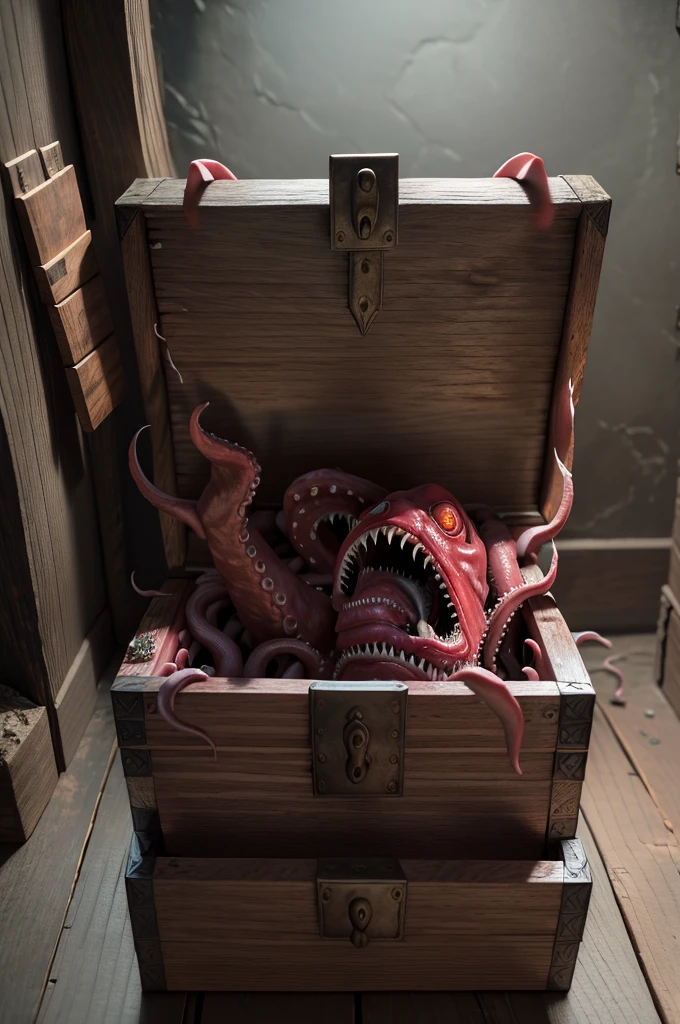 RAW photo, mimic, wooden chest, fleshy interior, long tongue, meat, saliva, TentacleHorrorAI, (sprawling tentacles), sharp teeth, dungeon background, 8k uhd, dslr, cinematic lighting, high quality, photo realistic,  