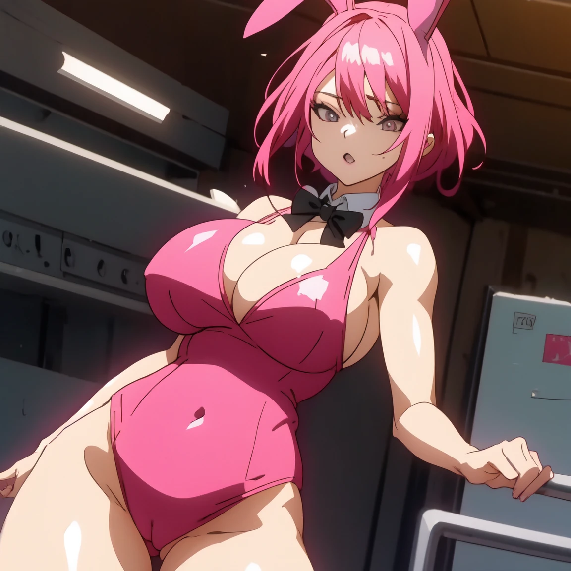 A woman, hot pink hair, massive breasts, big thighs, play boy bunny outfit