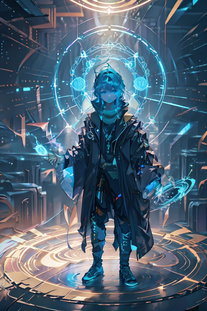 nft image Un mago digital con túnica de circuitos y runas electrónicas, casting a data spell. You are in a virtual laboratory, surrounded by holographic screens and floating data arrays. His staff, made of fiber optic, emits a bright blue glow. Snippets of code and mathematical formulas flutter around your head. The energy of the spell materializes in perfect geometric shapes. nft image