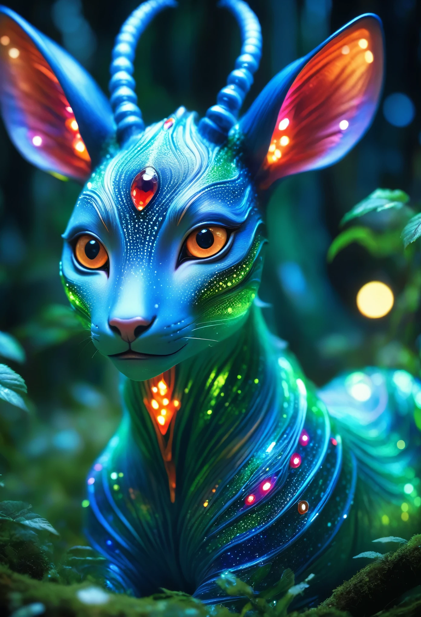 An exquisite mythical creature of the forest，Skin smooth as silk，It has a delicate pattern of spots and stripes，Seems to sparkle in the night, 8K, Colored lights, vivid, Ultra Detailed, Surreal photography ，blue，Red，green，blue
