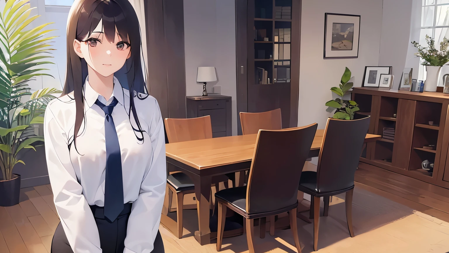 looking down,Upper Body,
Realistic, real person, (pale skin: 1.2), RAW photo, photorealistic, shiny skin, shiny hair、
(A 25-year-old woman with medium-length hair and bangs) and (wavy hair) and (brown hair) and (Orange Eyes) smile,
(Wearing a business suit:1.5) and (Wearing a white collared shirt)、
expressionless,The background is the living room、Alone、Are standing