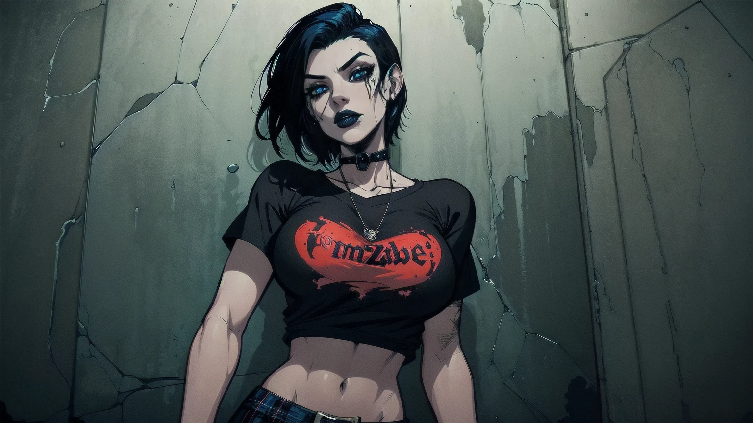 a woman with short black hair, cabelo nos ombros, wearing a red t-shirt and plaid skirt, blue colored eyes, zombie art, Gothic art, cute aesthetic with vibrancy, cartoon aesthetic, wearing red costume, using gothic accessories, looks like Cassie Hack, trunk, horror background