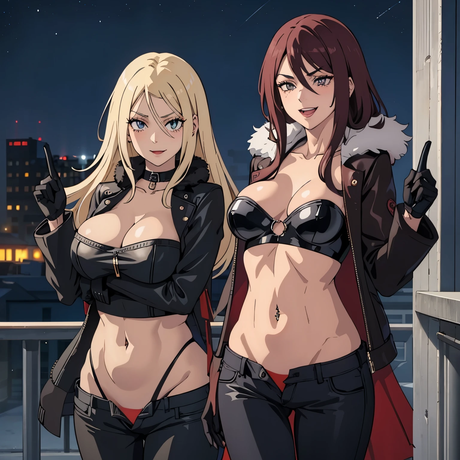 2girl, two girl , evil smile, smile, blush, lipstick, long hair, fur trim, mature female, gloves, fur-trimmed coat, outdoors, rooftop, cityscape, building, railing, night, night sky, scenery, city lights, lipstick, masterpiece, best quality, highly detailed, a girls with a gun, evil smile , open mouth, sexy gaze, badass
pose , evil smile, smile, (nsfw) not safe for work, guns blazing, anime girl with long hair, beautiful long
haired girl, navel, evil expression, exposed belly, exposed navel, exposed midriff, exposed lower belly,
long black pants, crop top, cleavage, unbuttoned leather pants ,open fly, low rise black leather pants,
leather jacket, holding a gun,, navel piercing