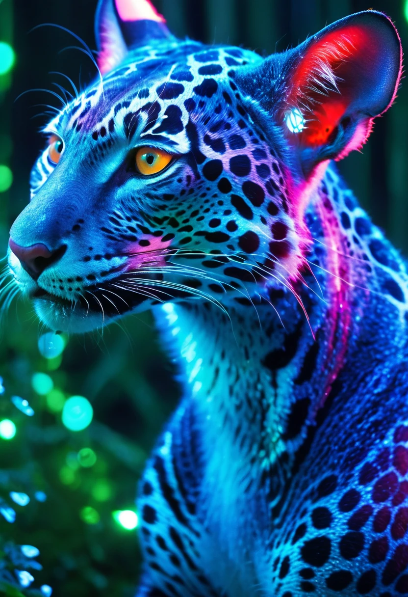 An exquisite mythical creature of the forest，Skin smooth as silk，It has a delicate pattern of spots and stripes，Seems to sparkle in the night, 8K, Colored lights, vivid, Ultra Detailed, Surreal photography ，blue，Red，green，blue