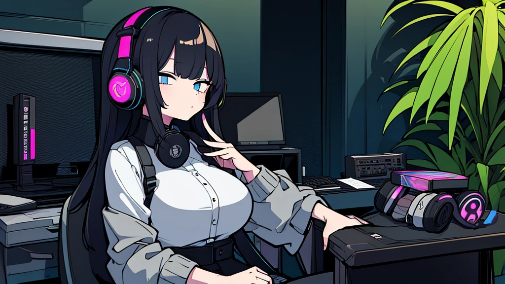 Best quality, (masterpiece:1.2), best detail face, 1 girl, big breasts, 18 yo, 8k,absurdres,unity 8k wall paper,(extremely detailed:1.3), highest realistic, (simple headphones:1.1), (soft neon light:1.1), (floating hair:1.2), (psychedelic:1.2), Her room full of music equipment and plants, Leaning back on the chair with a casual attitude, Light clothing in summer, dark grey color palette, black hair