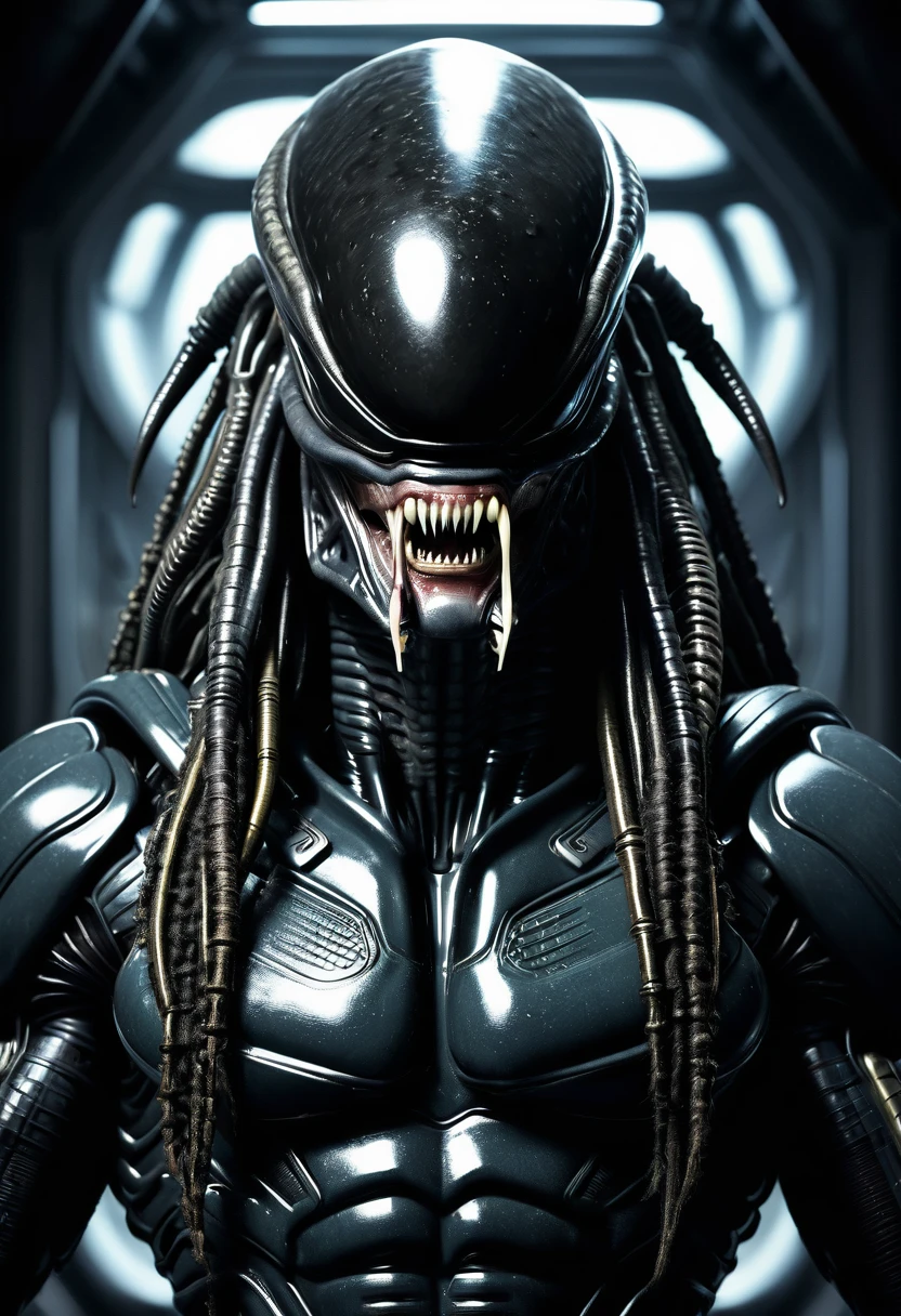 (((Very close up (((Predator fusion Xenomorph Alien the eighth passenger))),(((black color))) surreal and cinematographic images Color Splash images))),(((Front Images))),(((dreadlocks)))
