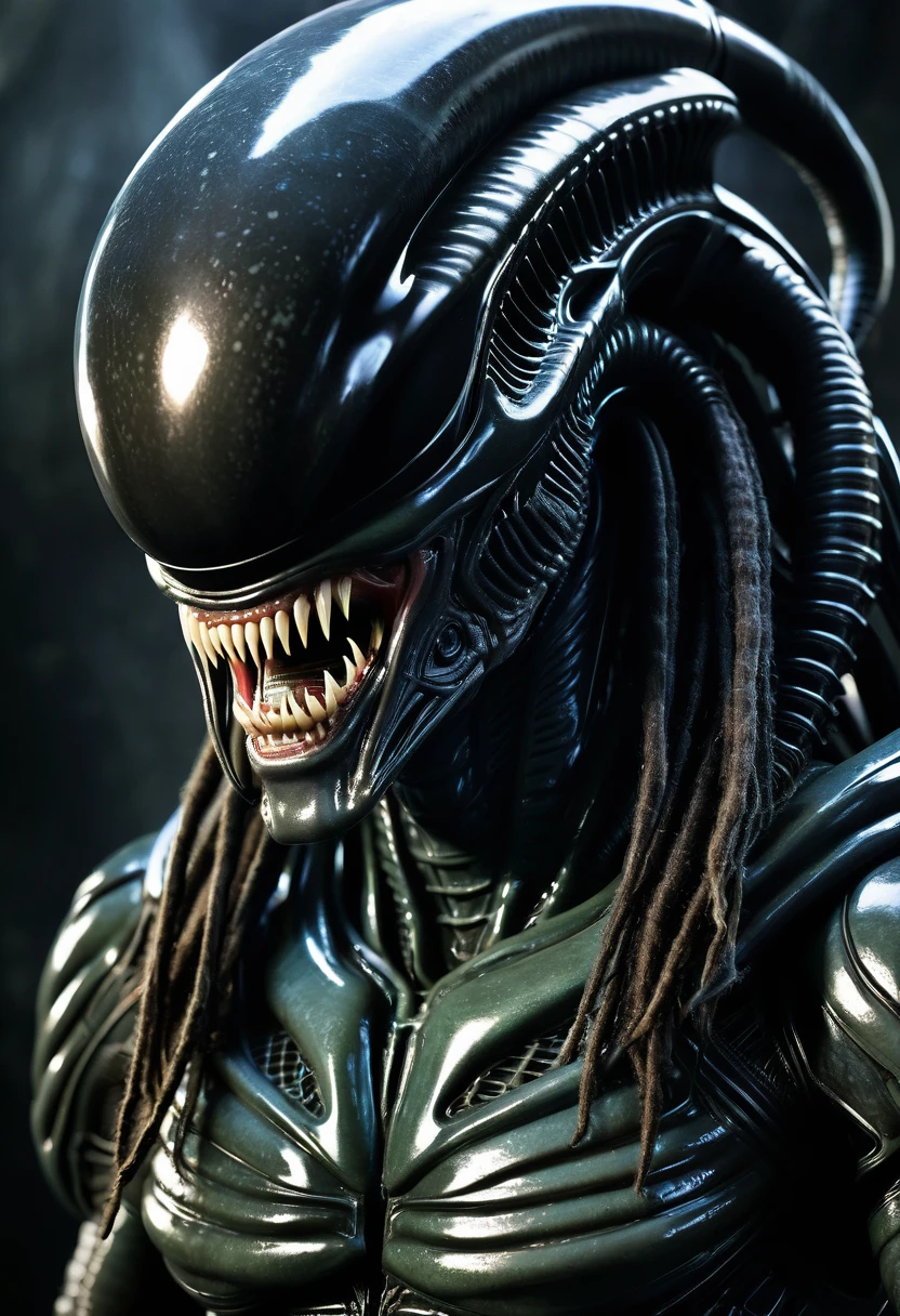 (((Very close up (((Predator fusion Xenomorph Alien the eighth passenger))),(((black color))) surreal and cinematographic images Color Splash images))),(((Front Images))),(((dreadlocks)))