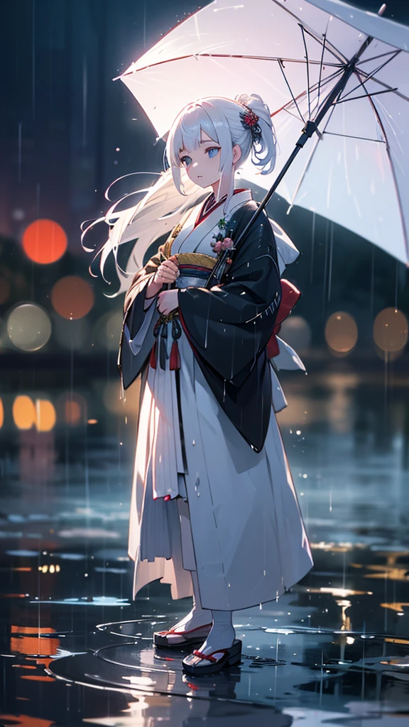 1girl, white hair, traditional japanese clothing, sad expression, rain, wet clothes, full body, puddles, reflections in puddles, moody, atmospheric, fantasy, (best quality,4k,8k,highres,masterpiece:1.2),ultra-detailed,(realistic,photorealistic,photo-realistic:1.37),HDR,UHD,studio lighting,ultra-fine painting,sharp focus,physically-based rendering,extreme detail description,professional,vivid colors,bokeh