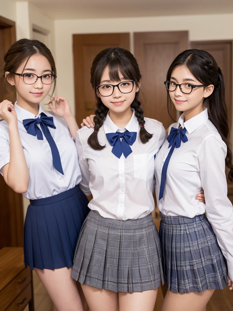 最high quality, 8K, Vibrant, Sharp focus, high quality, High resolution, (Three high school girls), (whole body), (Very slim and delicate body), Thin and beautiful legs, Thighs, Highly detailed eyes, Thick lips, Plump face, Collared shirt, Navy blue checkered long pleated skirt, Red bow tie, Braid, Glasses, A kind smile, Flat chest, Leaning forward,