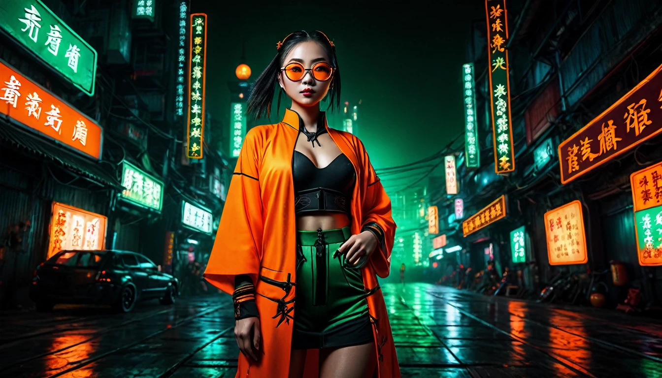 Dark night cyberpunk background，Neon，Full body shot，A woman wearing orange and dark green national trend style，Chinese clothing，抱着Neon，With round black glasses，Wide-angle shooting，High Definition Rendering，Extreme details