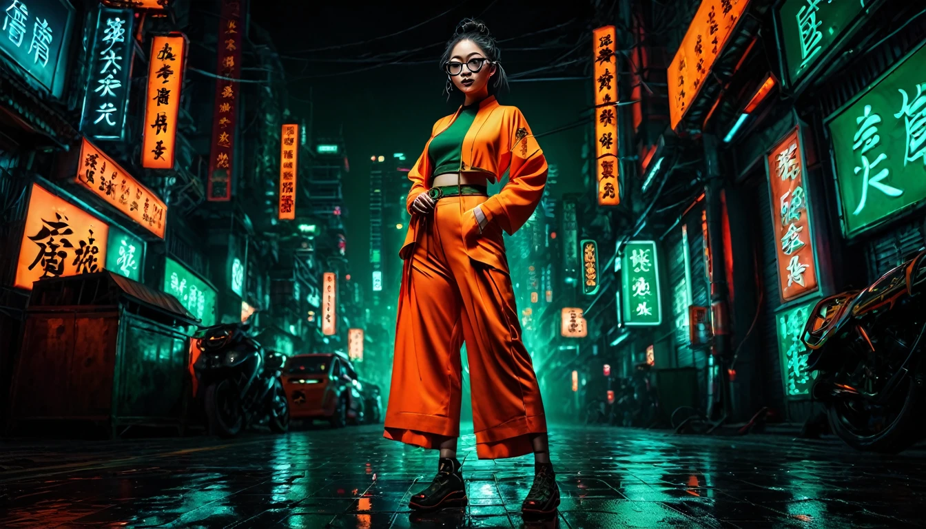 Dark night cyberpunk background,Neon,Full body shot,A woman wearing orange and dark green national trend style,Chinese clothing,抱着Neon,With round black glasses,Wide-angle shooting,High Definition Rendering,Extreme details