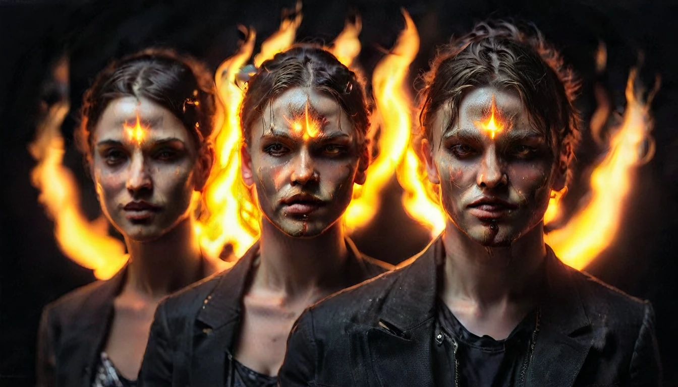 three people with glowing faces and flames on their faces, concept art inspired by tomasz alen kopera, cgsociety contest winner, digital art, tomasz alen kopera and cgsociety, dan mumford and alex grey style, demon soul concept art, symmetrical epic fantasy art, portrait of daemons, dan mumford tom bagshaw