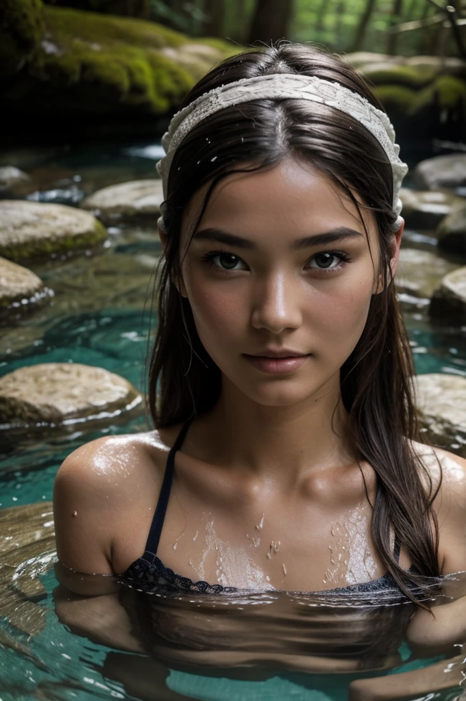 Best Quality, Masterpiece, super high resolution, A super model submerged in hot springs in Japan., outdoor hot springs, stone hot springs, surrounded by moss and trees, super beautiful face, pure body, clear pores visible, (SMILE:0.8), using division (lace headband:1.2), (realism:1.5), Photo original, soaked body, covered in sweat, bare shoulders, in the dark, deep shadows, low key, cold light