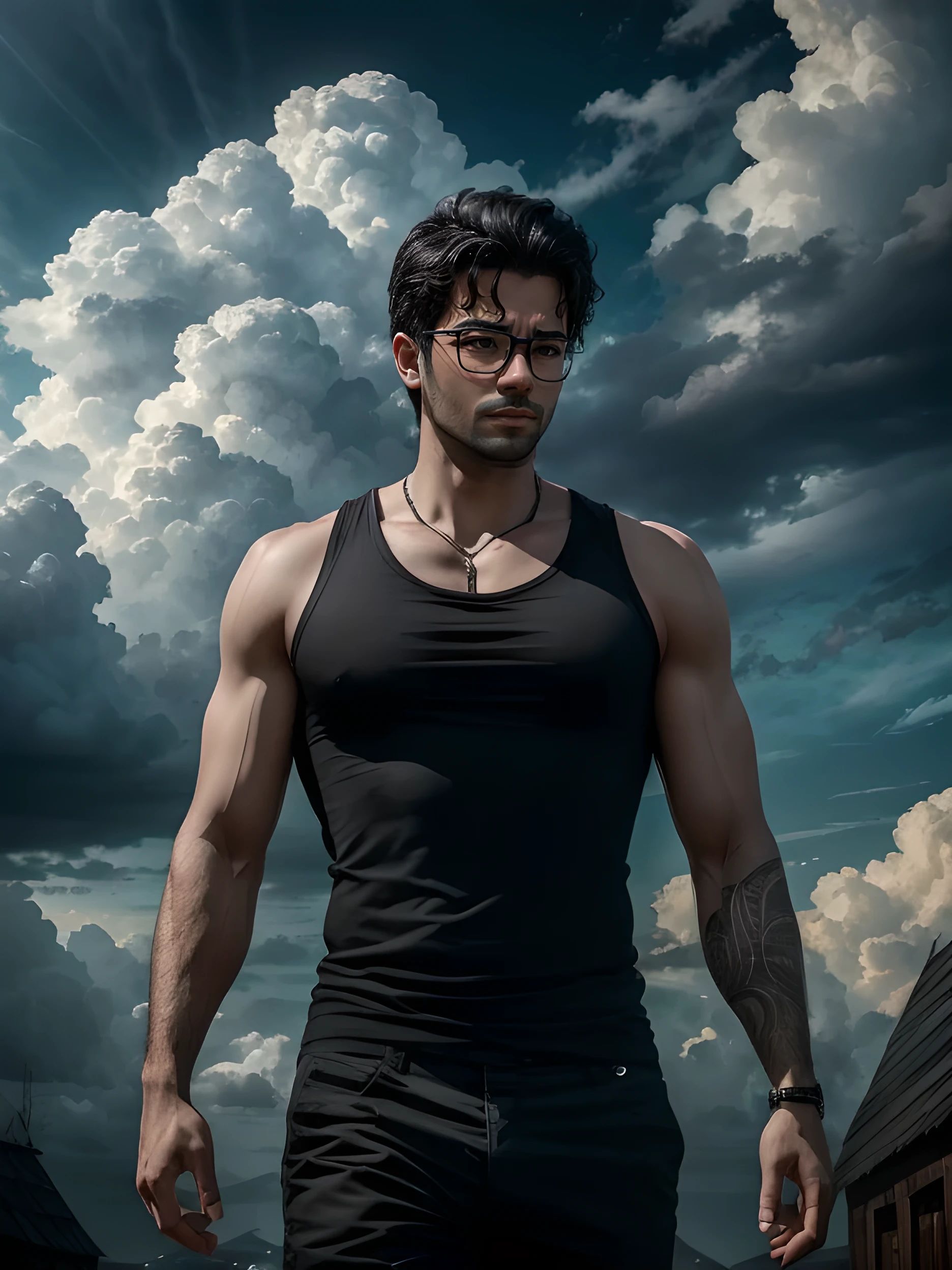 a 26 year old boy,pivalora,pivalora face,serious expression,black sleeveless shirt,black pants,black hair,levitating in blue sky,clouds,(best quality,4k,8k,highres,masterpiece:1.2),ultra-detailed,(realistic,photorealistic,photo-realistic:1.37),detailed face,extremely detailed eyes and face,cinematic lighting,dramatic atmosphere,vibrant colors,surreal,fantasy