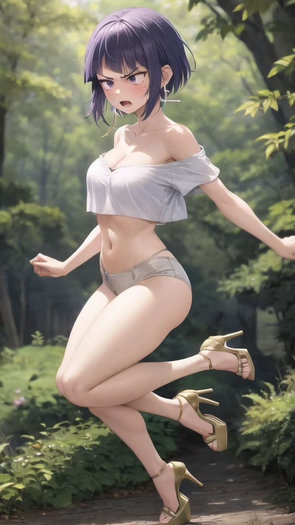 kyoka jiro, 1girl, solo, large breasts, cleavage, blush, short hair, bangs, simple forest background, strapless mini croptop, black tight pants, ((open-toe platform high heels)), open mouth, purple eyes, collarbone, full body, purple hair, short sleeves, blunt bangs, looking away, long earlobes, tiny waist, thick hips, angry expression