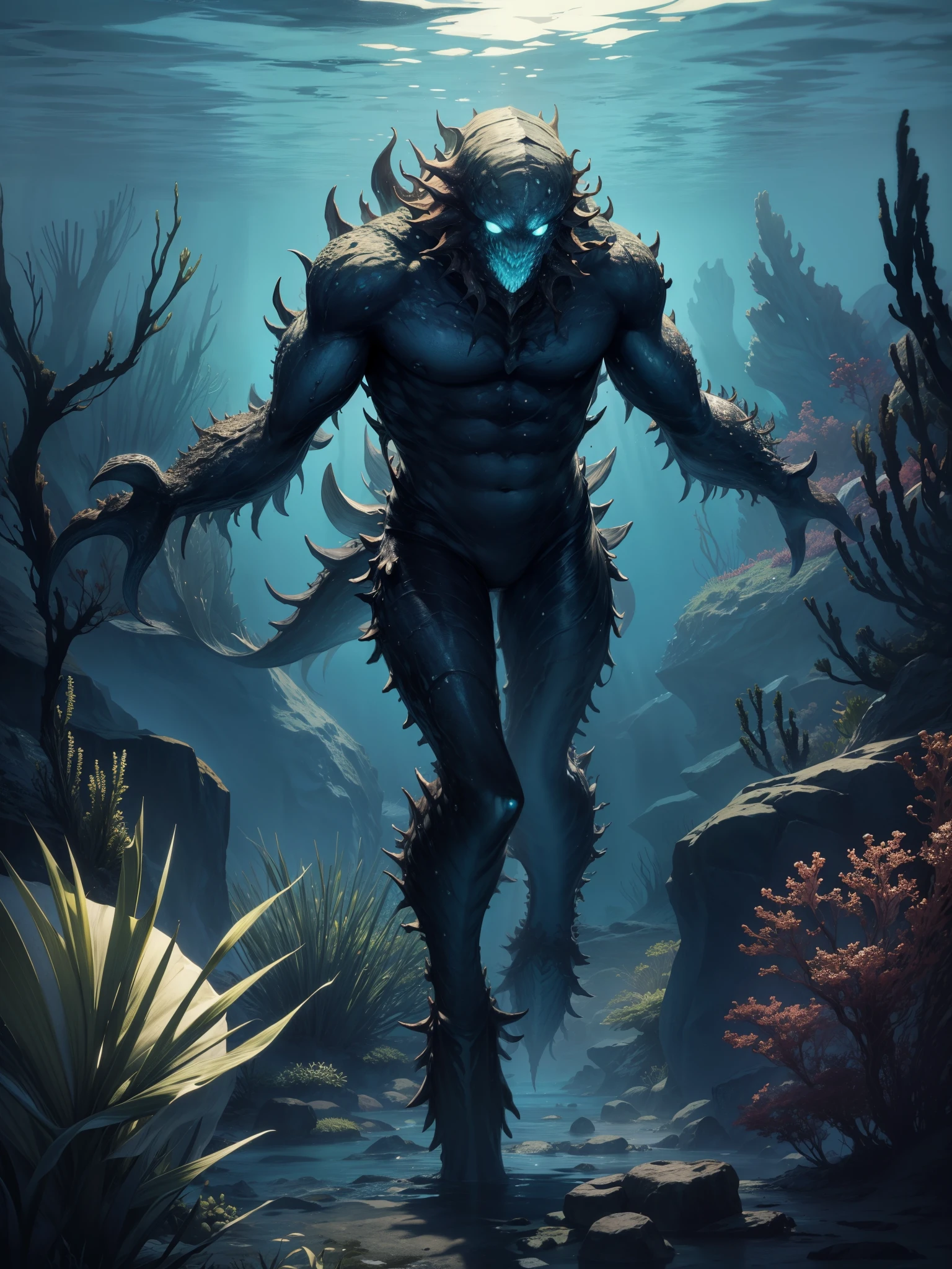 Create an image of a humanoid creature emerging from a dark river in a dark forest. The creature is approximately 2 meters tall, with a well-defined and robust musculature that reflects the soft light of the moon. Your arms and legs are powerful, with outlined muscles that highlight your strength. The skin is moist and has a blue-gray hue, similar to a dolphin, reflecting a soft, aquatic glow.The creature&#39;s head is distinctive, with an elongated and elegant dolphin snout. Your eyes are big and expressive, with an intelligent shine and a penetrating gaze that seems to capture every detail around. The creature has small fins on the sides of its body and a dorsal fin that extends across its back., complementing its aquatic appearance.ao redor, the river is surrounded by tall, dense trees, whose shadows dance across the surface of the water. The full moon illuminates the scene with a silvery light, creating shimmering reflections in the dark waters of the river and highlighting the drops that run down the creature&#39;s body as it emerges from the water. The atmosphere is mysterious and slightly spooky, with the low fog covering the river bank and creating a suspenseful scenario.
