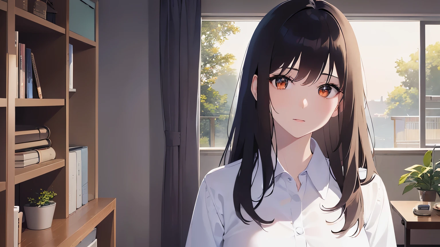 looking down,Upper Body, 
 Realistic, real person, (pale skin: 1.2), RAW photo, photorealistic, shiny skin, shiny hair、
(A 25-year-old woman with medium-length hair and bangs) and (wavy hair) and (brown hair) and (Orange Eyes) smile, 
 (Wearing a white collared shirt)、
expressionless,The background is the living room、Alone、Are standing