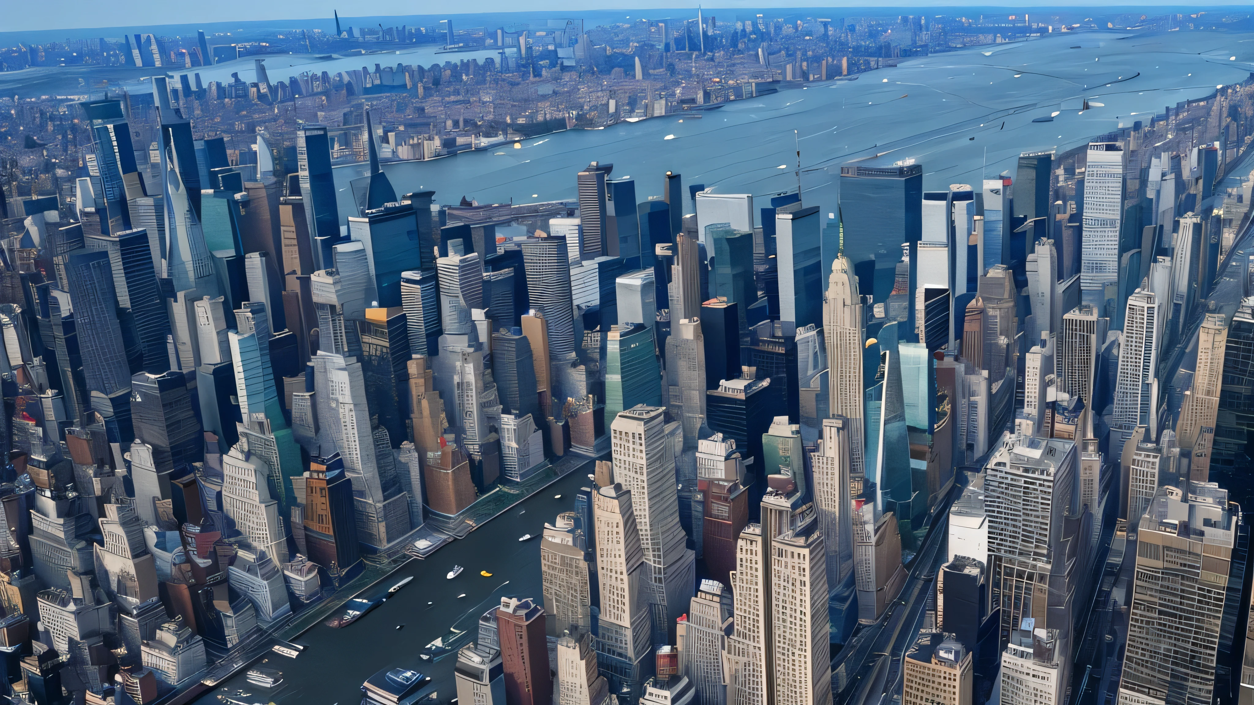 New York morning cityscape,Shoot from a high angle with an ultra-wide angle lens,Beautiful scenery,stunning scenery,movie style,Fisheye lenses,Aerial view