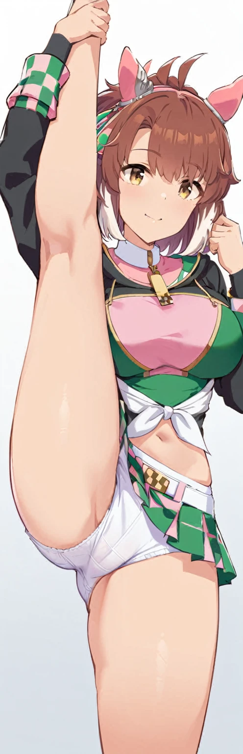 (masterpiece, best quality:1.2), win_variation\(umamusume\), 1girl, solo,standing_split, white shirt,No leakage of underpants

